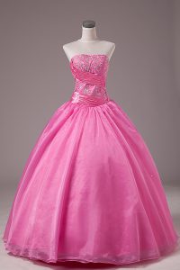 Noble Rose Pink Lace Up Strapless Embroidery Vestidos de Quinceanera Organza Sleeveless