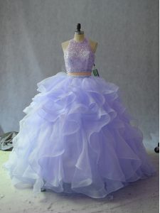 Glamorous Lavender Two Pieces Organza Halter Top Sleeveless Beading and Ruffles Floor Length Backless Quinceanera Gowns