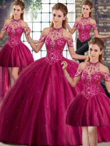 Ball Gowns Sleeveless Fuchsia 15th Birthday Dress Brush Train Lace Up