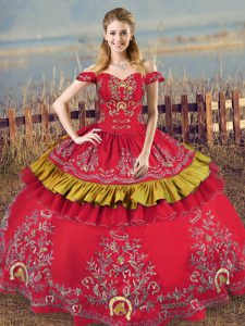 Top Selling Red Ball Gowns Satin and Organza Off The Shoulder Sleeveless Embroidery Floor Length Lace Up Quinceanera Gowns