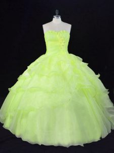 Fantastic Yellow Green Sleeveless Floor Length Ruffles and Hand Made Flower Lace Up Ball Gown Prom Dress