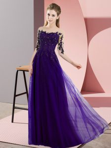 Fancy Purple Chiffon Lace Up Dama Dress for Quinceanera Half Sleeves Floor Length Beading and Lace