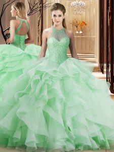 Sleeveless Organza Brush Train Lace Up Sweet 16 Quinceanera Dress in Apple Green with Beading and Ruffles