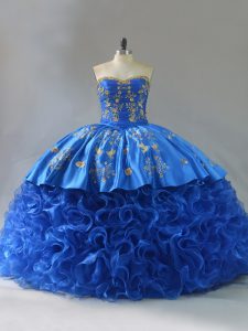 Sleeveless Fabric With Rolling Flowers Lace Up Vestidos de Quinceanera in Royal Blue with Embroidery and Ruffles