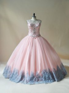 Scoop Sleeveless Tulle Ball Gown Prom Dress Beading and Appliques Lace Up