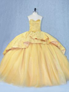 Top Selling Gold Lace Up Sweetheart Beading and Appliques 15 Quinceanera Dress Sequined Court Train