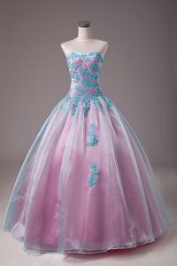Discount Floor Length Lace Up Ball Gown Prom Dress Light Blue for Sweet 16 and Quinceanera with Appliques