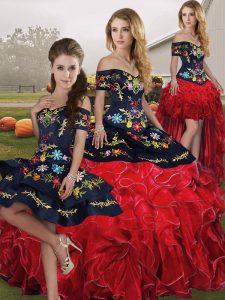 Red And Black Sweet 16 Quinceanera Dress Military Ball and Sweet 16 and Quinceanera with Embroidery and Ruffles Off The Shoulder Sleeveless Lace Up