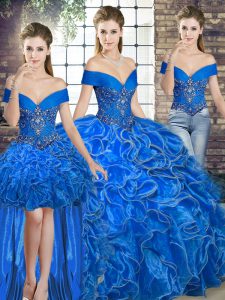 Three Pieces Quinceanera Gown Royal Blue Off The Shoulder Organza Sleeveless Floor Length Lace Up