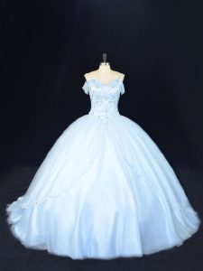 Blue Ball Gowns Off The Shoulder Sleeveless Tulle Court Train Lace Up Beading Vestidos de Quinceanera
