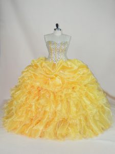 Ideal Gold Lace Up Sweetheart Beading and Ruffles 15th Birthday Dress Organza Sleeveless