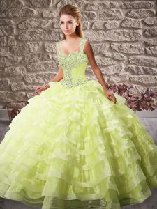 Yellow Green Sleeveless Court Train Beading and Ruffled Layers Quinceanera Gowns