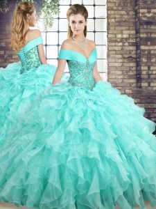 On Sale Off The Shoulder Sleeveless Brush Train Lace Up Quinceanera Gown Aqua Blue Organza