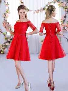 Elegant Mini Length A-line Half Sleeves Red Quinceanera Court of Honor Dress Lace Up
