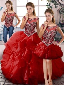 Pretty Red Three Pieces Scoop Sleeveless Organza Floor Length Lace Up Beading and Ruffles Quinceanera Dresses