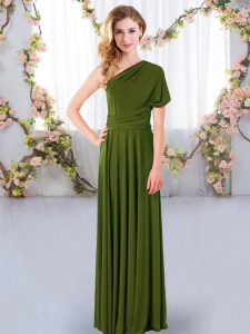 Olive Green Sleeveless Floor Length Ruching Criss Cross Vestidos de Damas