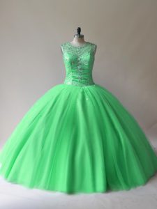 Green Tulle Lace Up Scoop Sleeveless Floor Length 15th Birthday Dress Beading