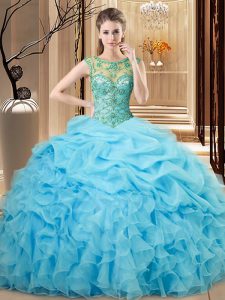Baby Blue Ball Gowns Organza Scoop Sleeveless Beading and Ruffles Floor Length Lace Up Ball Gown Prom Dress