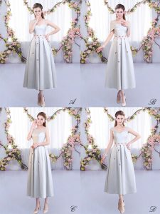 Silver Empire Appliques Dama Dress for Quinceanera Lace Up Satin Sleeveless Tea Length