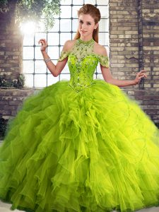 Floor Length Olive Green Quinceanera Gown Tulle Sleeveless Beading and Ruffles