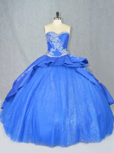 Low Price Blue Quince Ball Gowns Sweet 16 and Quinceanera with Beading and Embroidery Sweetheart Sleeveless Court Train Lace Up