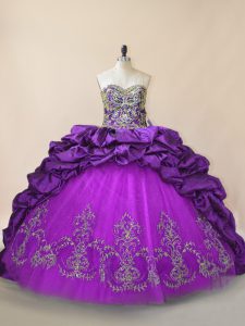 Fashionable Purple Quince Ball Gowns Taffeta and Tulle Brush Train Sleeveless Beading and Pick Ups