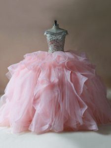 Pink Sweet 16 Dresses Tulle Brush Train Sleeveless Beading and Ruffles