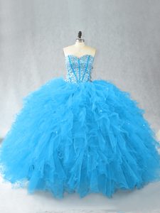 Floor Length Lace Up Ball Gown Prom Dress Baby Blue for Sweet 16 and Quinceanera with Beading and Ruffles