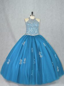 Blue Ball Gowns Halter Top Sleeveless Tulle Floor Length Lace Up Beading and Appliques Sweet 16 Dress