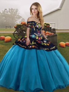 Off The Shoulder Sleeveless Lace Up Quinceanera Dress Blue And Black Tulle
