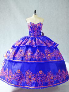 Noble Blue Ball Gowns Sweetheart Sleeveless Floor Length Lace Up Embroidery and Ruffles Sweet 16 Dress