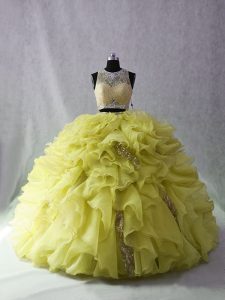 Designer Zipper 15 Quinceanera Dress Yellow Green for Sweet 16 and Quinceanera with Beading and Ruffles Brush Train