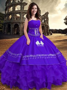 Dazzling Purple Ball Gowns Embroidery and Ruffles 15 Quinceanera Dress Lace Up Satin and Organza Sleeveless Floor Length
