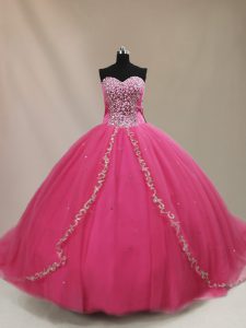 Sexy Hot Pink Ball Gowns Beading Vestidos de Quinceanera Lace Up Tulle Sleeveless