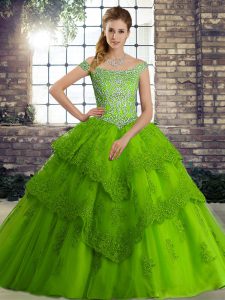 Tulle Off The Shoulder Sleeveless Brush Train Lace Up Beading and Lace Quinceanera Dresses in Green