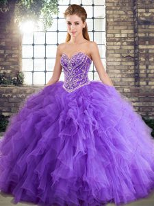 Fitting Lavender Ball Gowns Sweetheart Sleeveless Tulle Floor Length Lace Up Beading and Ruffles Ball Gown Prom Dress