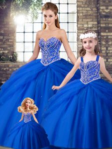 Customized Royal Blue Sweetheart Lace Up Beading and Pick Ups Vestidos de Quinceanera Brush Train Sleeveless