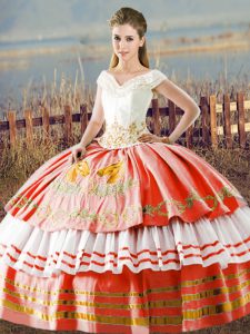 Super Sleeveless Satin Floor Length Lace Up Ball Gown Prom Dress in White And Red with Embroidery and Ruffled Layers