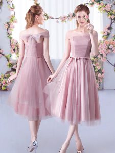 Luxurious Sleeveless Tulle Tea Length Lace Up Damas Dress in Pink with Belt
