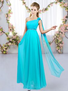 Superior One Shoulder Sleeveless Dama Dress for Quinceanera Floor Length Beading and Hand Made Flower Aqua Blue Chiffon
