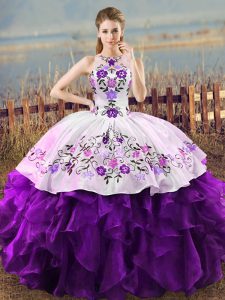 Graceful Organza Halter Top Sleeveless Lace Up Embroidery and Ruffles Ball Gown Prom Dress in White And Purple