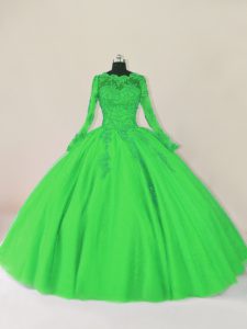 Sumptuous Green Zipper 15 Quinceanera Dress Lace Long Sleeves Floor Length