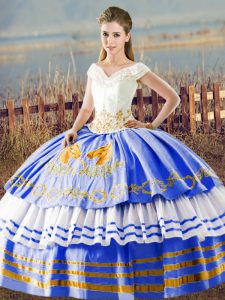 Blue And White Sleeveless Satin Lace Up Ball Gown Prom Dress for Sweet 16 and Quinceanera