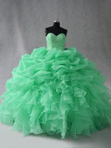 Fine Apple Green Ball Gowns Beading and Ruffles and Pick Ups Quince Ball Gowns Lace Up Organza Sleeveless Floor Length