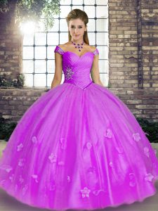 Pretty Lavender Tulle Lace Up Sweet 16 Dress Sleeveless Floor Length Beading and Appliques