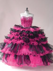 Pink And Black Organza Lace Up Sweet 16 Dress Sleeveless Beading and Ruffled Layers