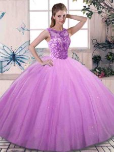 Scoop Sleeveless Quinceanera Gowns Floor Length Beading Lilac Tulle