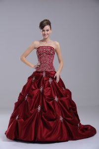 Excellent Wine Red Strapless Neckline Embroidery and Pick Ups Quinceanera Dress Sleeveless Lace Up
