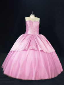 High Quality Sleeveless Floor Length Beading Lace Up Quinceanera Gown with Pink