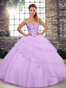 Luxury Tulle Sleeveless Quince Ball Gowns Brush Train and Beading and Ruffled Layers